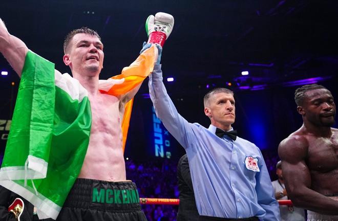 McKenna celebrates his victory over Oliha Photo Credit: Zuffa Boxing