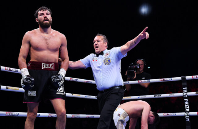 Pat Brown destroyed John Hedges with a body shot in the sixth round in Manchester Photo Credit: Mark Robinson Matchroom Boxing Pat Brown destroyed John Hedges with a body shot in the sixth round in Manchester Photo Credit: Mark Robinson Matchroom Boxing