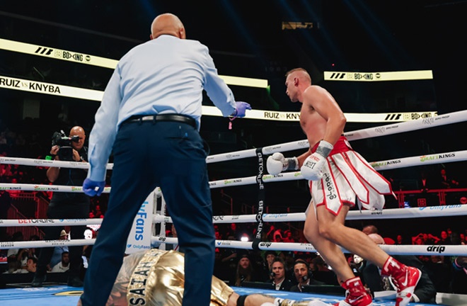 Knyba dropped Ruiz Jr in the seventh round Photo Credit: Zachariah Delgado/Matchroom Boxing
