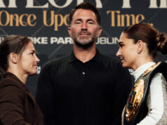 Taylor and Pili face-to-face ahead of Saturday's showdown Photo Credit: Bran Holloway/Matchroom Boxing