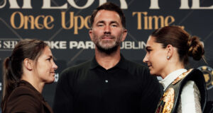 Taylor and Pili face-to-face ahead of Saturday's showdown Photo Credit: Bran Holloway/Matchroom Boxing
