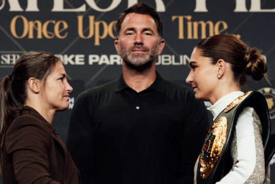 Taylor and Pili face-to-face ahead of Saturday's showdown Photo Credit: Bran Holloway/Matchroom Boxing