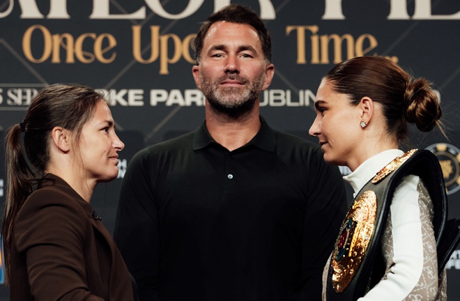 Taylor and Pili face-to-face ahead of Saturday's showdown Photo Credit: Bran Holloway/Matchroom Boxing
