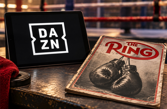 Tablet displaying the DAZN logo beside a boxing magazine, illustrating the reported Ring Magazine acquisition.