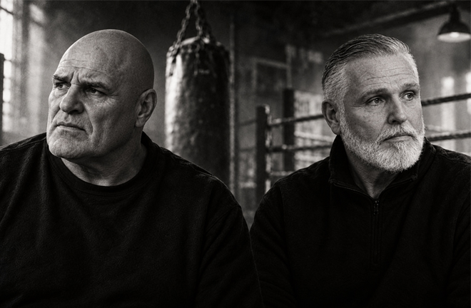 Black-and-white editorial illustration of John and Peter Fury in separate boxing gym portrait panels.