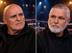 Editorial portrait illustration of John and Peter Fury against a boxing arena background.