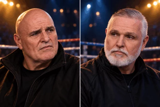 Editorial portrait illustration of John and Peter Fury against a boxing arena background.