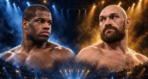 AI-generated portrait montage of Daniel Dubois and Tyson Fury for a potential Daniel Dubois vs Tyson Fury fight.