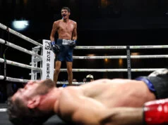 Sebastian Fundora knocked out Ermal Hadribeaj in the final seconds in Las Vegas Photo Credit: Cris Esqueda/﻿Premier Boxing Champions