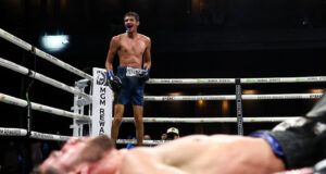 Sebastian Fundora knocked out Ermal Hadribeaj in the final seconds in Las Vegas Photo Credit: Cris Esqueda/﻿Premier Boxing Champions