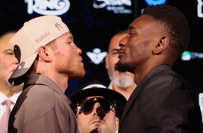 Canelo and Mbilli face off at Thursday's final press conference Photo Credit: Mark Robinson/Canelo Promotions